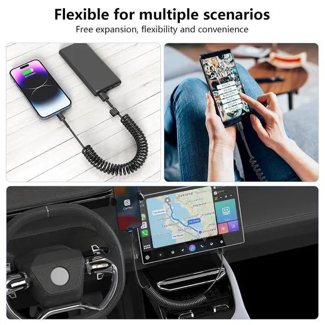 Alt view image 7 of 7 - 2Pack Apple CarPlay USB A to Lightning iPhone Coiled Charger Cable for Car,4Ft Short Charging Cord Sync Data Retractable Charger Connector for iPhone 14/13/12/11 SE/Xr/iPadMFi Certified-Black