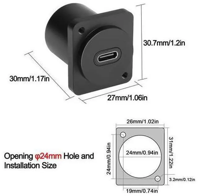 Alt view image 6 of 7 - Vszerda 10Gbps USB-C to USB-C Panel Mount Adapter, Type-C 3.1 Female to Female Straight Connector, 100W Charging, Integral Al Alloy Housing, D-Type/XLR Panel Mount, Extension