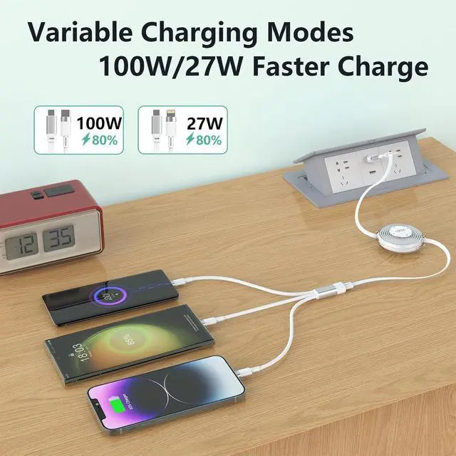 Alt view image 3 of 7 - USB C Retractable Multi 5-in-1 USB A/Type C to Lightning/USB C/Micro iPhone Charger Cable,100W Multiple Apple Charging Cord iPhone 15 14 13 12 Pro Max Xs Xr X 8 7Plus SE/Samsung/iPad Pro-White