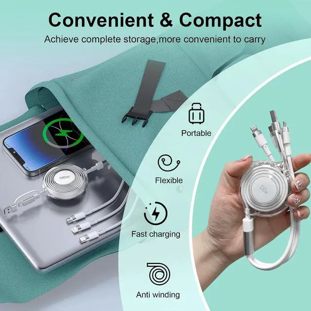 Alt view image 7 of 7 - USB C Retractable Multi 5-in-1 USB A/Type C to Lightning/USB C/Micro iPhone Charger Cable,100W Multiple Apple Charging Cord iPhone 15 14 13 12 Pro Max Xs Xr X 8 7Plus SE/Samsung/iPad Pro-White