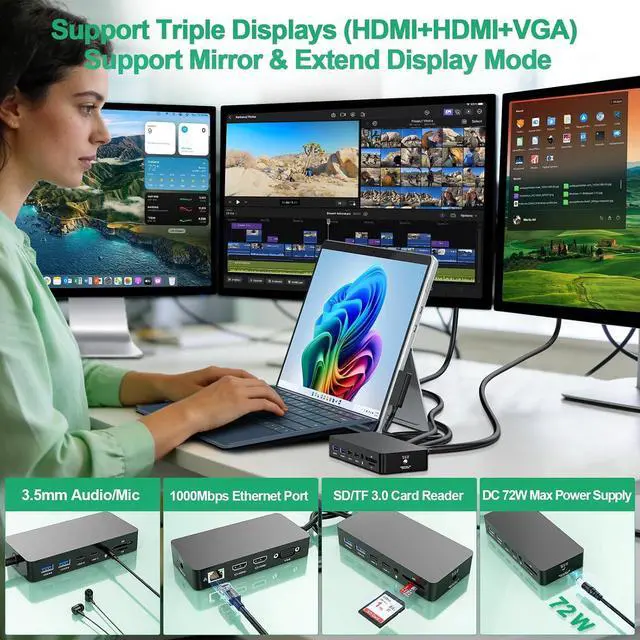 Alt view image 6 of 7 - Docking Station 12 in 1 Triple Displays for Surface Dock,4K Dual HDMI+VGA with Power Adapter for Surface Pro 12/11/10/9/8/X/7/6/5/4/3,Surface Laptop 7/6/5/4/3/2/1,Surface Book Go