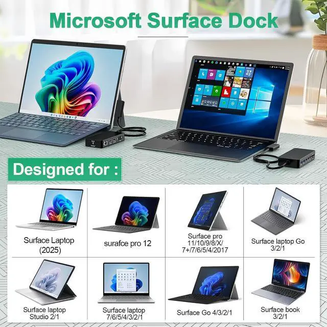 Alt view image 4 of 7 - Docking Station 12 in 1 Triple Displays for Surface Dock,4K Dual HDMI+VGA with Power Adapter for Surface Pro 12/11/10/9/8/X/7/6/5/4/3,Surface Laptop 7/6/5/4/3/2/1,Surface Book Go