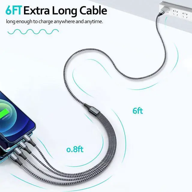 Alt view image 2 of 7 - Puxnoin Multi Charging Cable 6FT 2Pack Multi Charger Cable 4 in 1 Universal Multiple USB Fast Charging Cord with Type-C, Micro USB Port for Most Cell Phone, Tablets (Pack of 2)