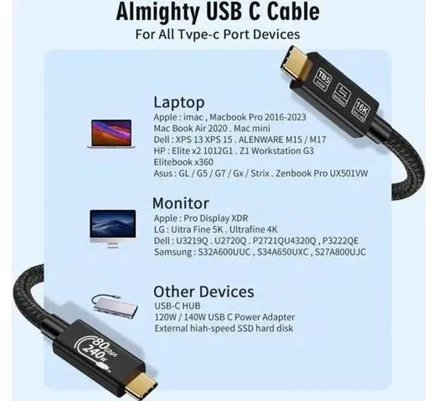 Alt view image 2 of 7 - 1.6ft Thunderbolt 5 USB4 Cable, 80Gbps, 240W PD Charging, 16K@60Hz Video, Compatible with Thunderbolt 5/4/3, PD3.1, QC4.0