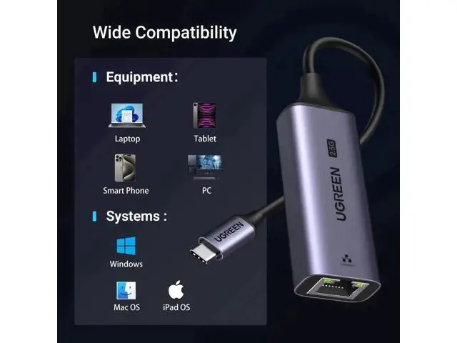 Alt view image 6 of 7 - UGREEN 2.5G USB C to RJ45 Ethernet Adapter Aluminum Shell Compatible Thunderbolt 4/3