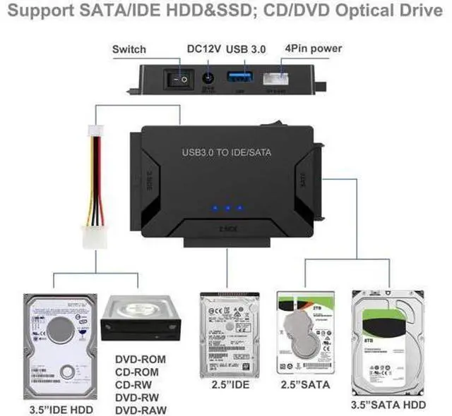 Alt view image 3 of 7 - USB 3.0 to SATA IDE Hard Drive Reader Adapter, External Ultra Recovery Converter with Power Supply, Compatible with 2.5" 3.5" HDD SSD & 5.25" DVD CD-ROM Optical Drives for Fast Data Transfer