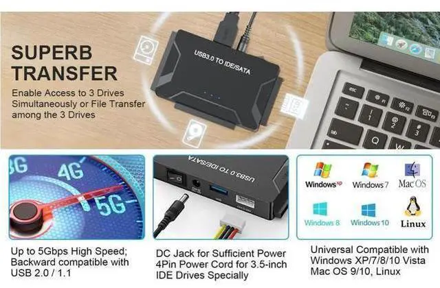 Alt view image 4 of 7 - USB 3.0 to SATA IDE Hard Drive Reader Adapter, External Ultra Recovery Converter with Power Supply, Compatible with 2.5" 3.5" HDD SSD & 5.25" DVD CD-ROM Optical Drives for Fast Data Transfer