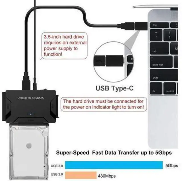 Alt view image 6 of 7 - USB 3.0 to SATA IDE Hard Drive Reader Adapter, External Ultra Recovery Converter with Power Supply, Compatible with 2.5" 3.5" HDD SSD & 5.25" DVD CD-ROM Optical Drives for Fast Data Transfer