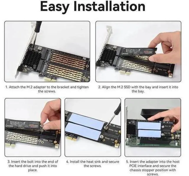 Alt view image 3 of 7 - Dual M.2 NVMe to PCIe Expansion Adapter Card with Cooling Heatsink, Supports M-Key & B+M Key 2230/2242/2260/2280 SSD, Low Profile Bracket, Compatible with PCIe X1/X4/X8/X16 Slots