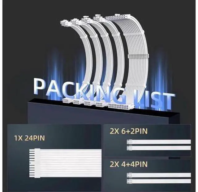 Alt view image 2 of 7 - White Nylon Sleeved PSU Extension Cable Kit, 18AWG 30CM ATX 24Pin + 4+4Pin EPS + 6+2Pin PCIe with Cable Combs for ATX Power Supply