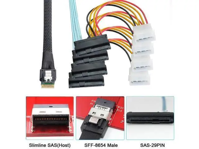 Alt view image 5 of 7 - SFF-8654 4i 38Pin PCIe 4.0 Slimline SAS Fanout Cable, SFF-8654 Host to 4×SFF-8482 29Pin SAS Hard Drive Conversion RAID Cable for Server Storage