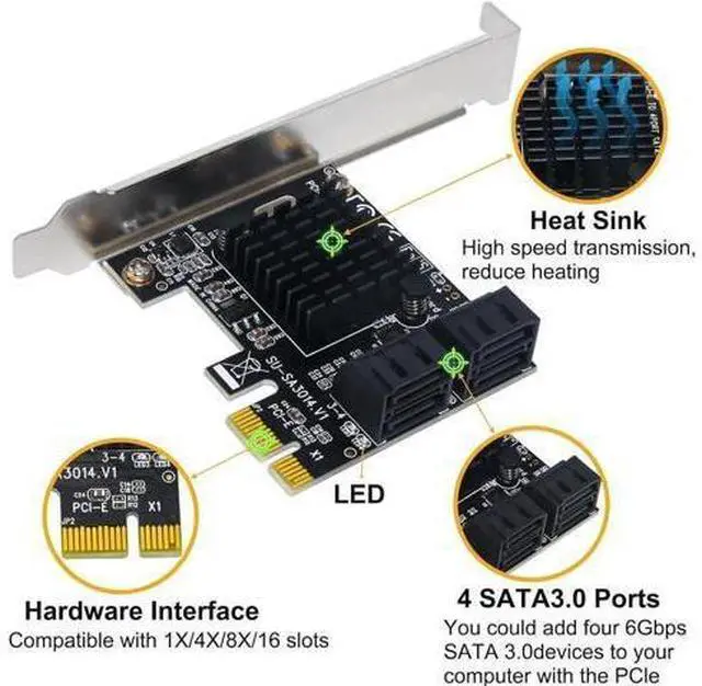 Alt view image 6 of 7 - 4 Ports PCIe X1 SATA 3.0 Expansion Card with 4 SATA Cables, 6Gbps Non-RAID SATA Controller Card, Low Profile Bracket, Supports Bootable System Disk