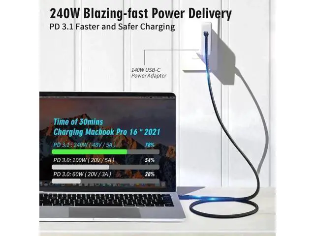 Alt view image 5 of 7 - 2M USB4 Thunderbolt 5 Cable 80Gbps 240W PD Charging USB-C to USB-C Support High Resolution Display