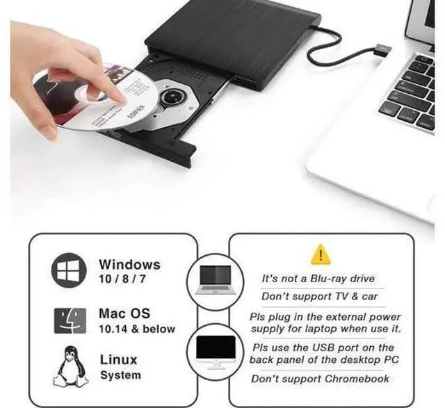 Alt view image 5 of 7 - Black Slim External CD DVD Drive USB3.0 Portable CD DVD +/- RW Rewriter Burner Compatible with Windows Linux Mac Laptop Desktop PC
