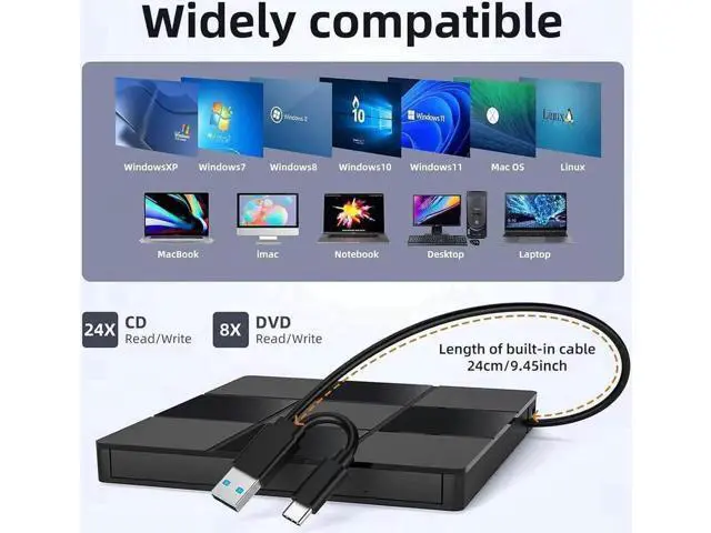 Alt view image 6 of 7 - 7 in 1 External CD DVD Drive, USB 3.0 Type-C CD DVD +/- RW Burner Plug and Play Optical Drive for Laptop PC Windows 11/10 Mac OS