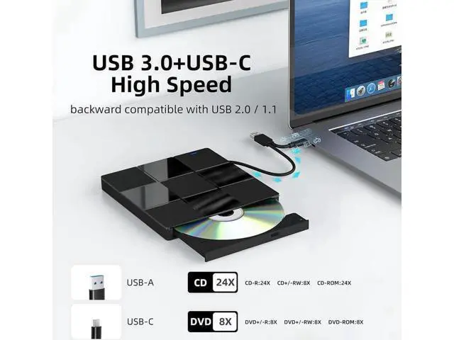 Alt view image 5 of 7 - 7 in 1 External CD DVD Drive, USB 3.0 Type-C CD DVD +/- RW Burner Plug and Play Optical Drive for Laptop PC Windows 11/10 Mac OS