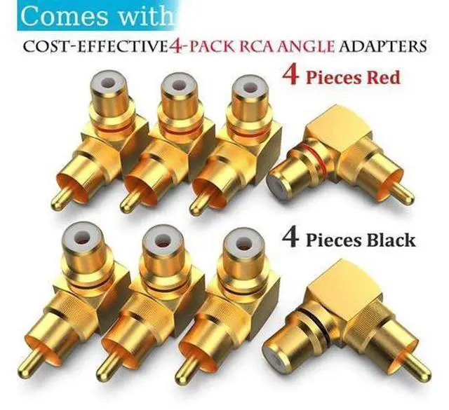Alt view image 2 of 7 - 8 Pack 90 Degree Right Angle RCA Male to Female Elbow Adapters, 4 Red + 4 Black RCA Audio Connector Plugs