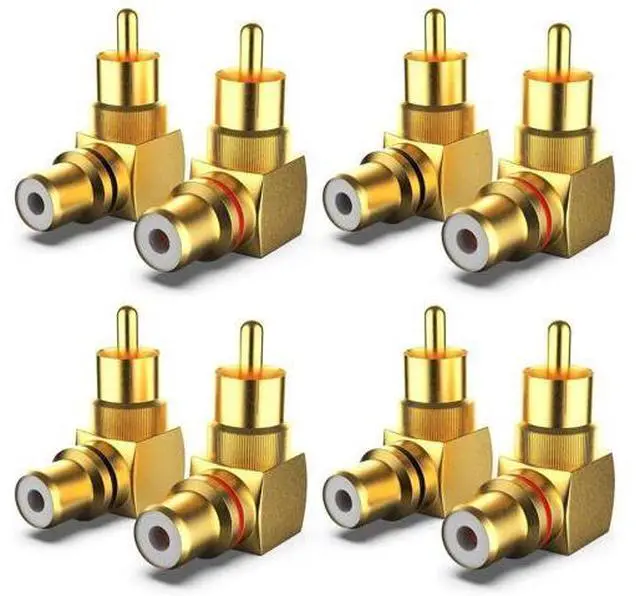 Main image of 8 Pack 90 Degree Right Angle RCA Male to Female Elbow Adapters, 4 Red + 4 Black RCA Audio Connector Plugs