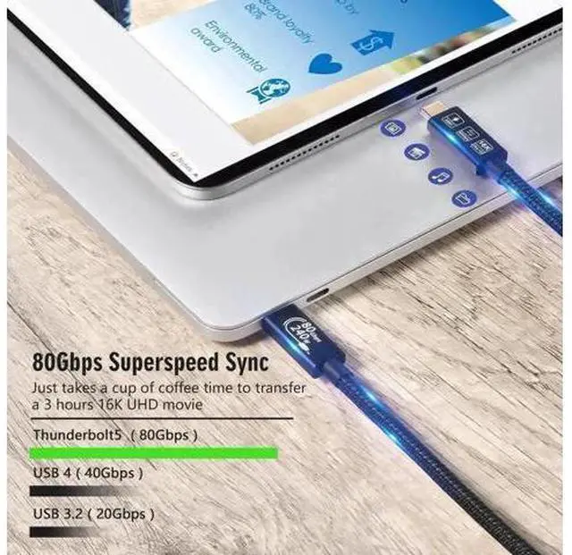 Alt view image 3 of 7 - 6.6FT Thunderbolt 5 USB4 Cable 80Gbps 240W PD Support 16K@60Hz USB-C to USB-C Cord