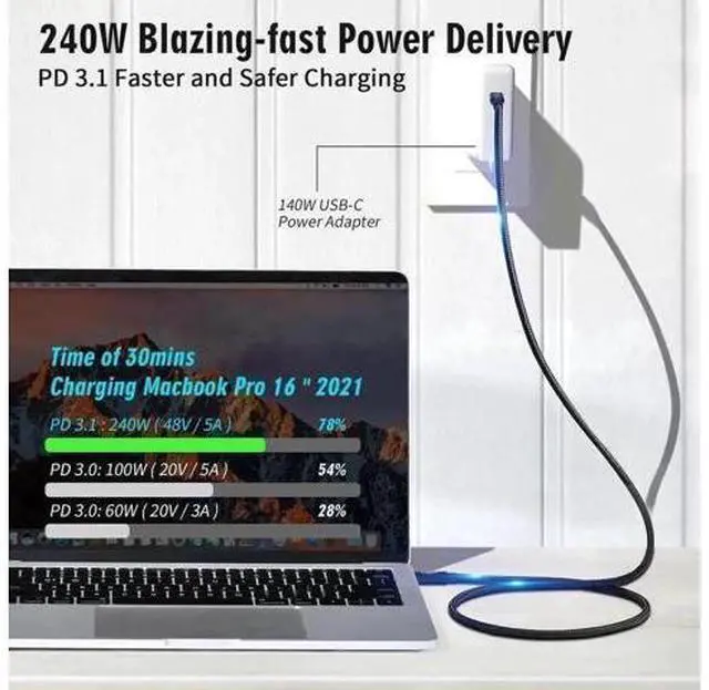 Alt view image 4 of 7 - 6.6FT Thunderbolt 5 USB4 Cable 80Gbps 240W PD Support 16K@60Hz USB-C to USB-C Cord