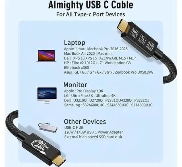 Alt view image 7 of 7 - 6.6FT Thunderbolt 5 USB4 Cable 80Gbps 240W PD Support 16K@60Hz USB-C to USB-C Cord