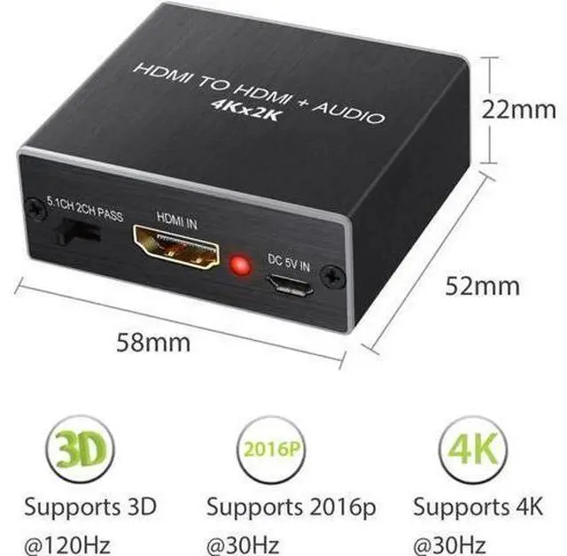 Alt view image 7 of 7 - HDMI Audio Extractor Converter with 1M HDMI 1.4 Cable, HDMI to SPDIF Toslink + 3.5mm Stereo Audio Splitter, Supports 4K 3D