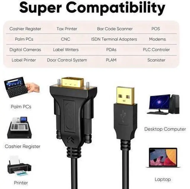 Alt view image 6 of 7 - 10FT 3M Black USB to RS232 DB9 Serial Converter Cable with PL2303 Chip for CNC Cash Register Scanner Modem Digital Camera