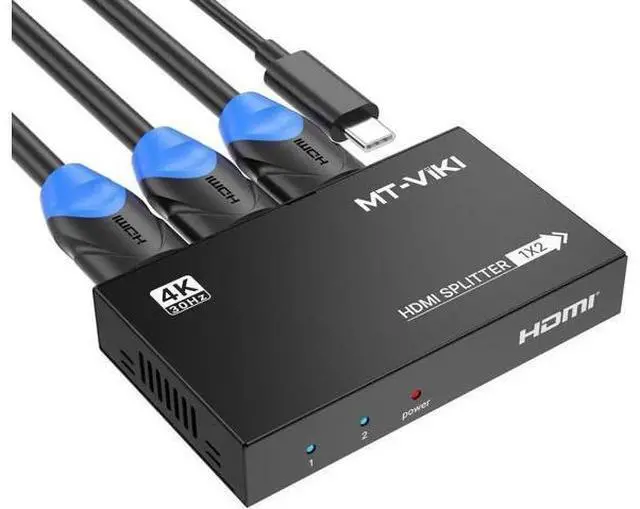 Main image of MT-VIKI Upgraded Slim Powered 1 in 2 Out HDMI Splitter, 1x2 Mirror Distributor Support 4K@30Hz for Dual Monitors PS4 Fire Stick HDTV Projector
