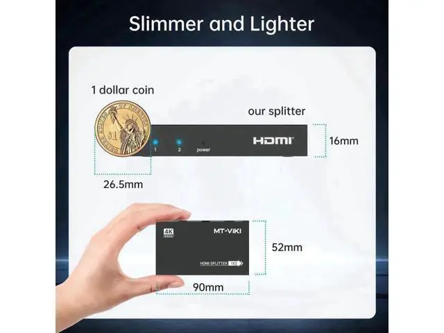 Alt view image 2 of 7 - MT-VIKI Upgraded Slim Powered 1 in 2 Out HDMI Splitter, 1x2 Mirror Distributor Support 4K@30Hz for Dual Monitors PS4 Fire Stick HDTV Projector