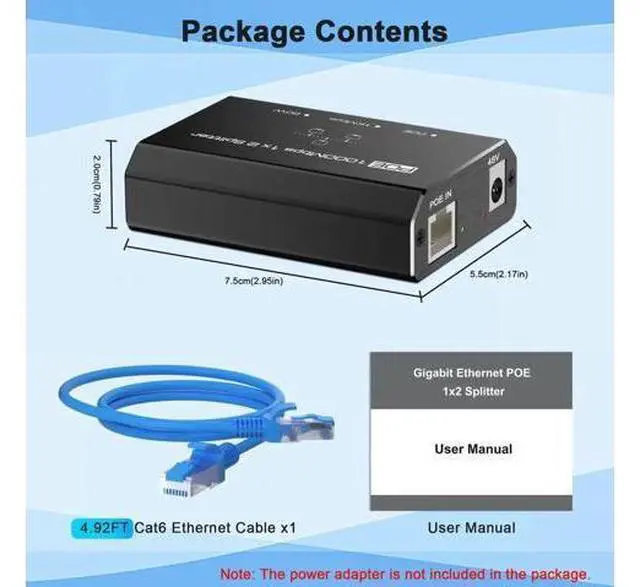 Alt view image 2 of 7 - Gigabit 1 in 2 Out PoE Splitter with 4.25FT Cat6 Cable, 2 Port Non-PoE to PoE Ethernet Splitter Adapter, Plug & Play, Transmission Up to 328 Feet