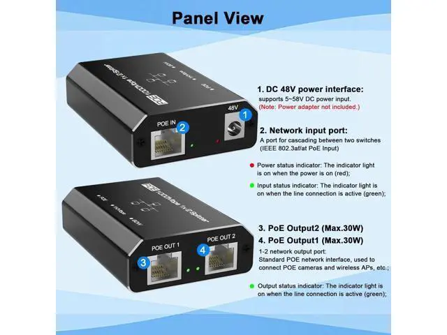 Alt view image 7 of 7 - Gigabit 1 in 2 Out PoE Splitter with 4.25FT Cat6 Cable, 2 Port Non-PoE to PoE Ethernet Splitter Adapter, Plug & Play, Transmission Up to 328 Feet