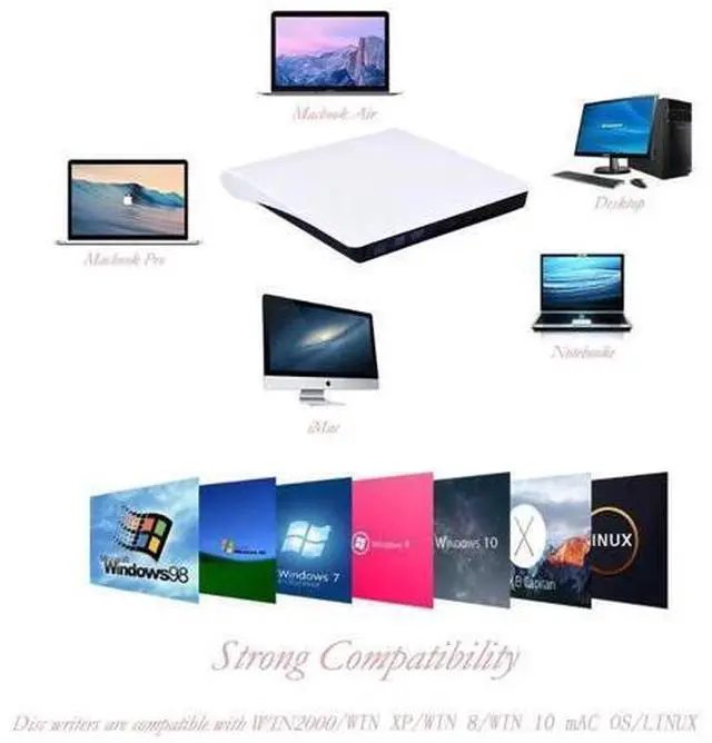 Alt view image 6 of 6 - White Slim External CD DVD Drive USB3.0 DVD-RW Burner Rewriter Compatible with Windows 7/8/10 Mac Laptop Notebook Desktop PC
