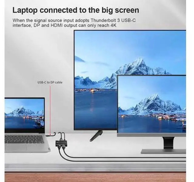 Alt view image 5 of 7 - DP 1.4 MST Splitter 1 in 2 Out, DP to DP 1.4 + HDMI 2.1 Hub, 8K@30Hz 4K@144Hz Dual Monitor Adapter for Laptops Desktops Gaming GPUs