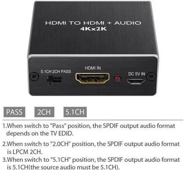 Alt view image 4 of 7 - HDMI Audio Extractor Converter with 1M HDMI 1.4 Cable, HDMI to SPDIF Toslink + 3.5mm Stereo Audio Splitter, Supports 4K 3D