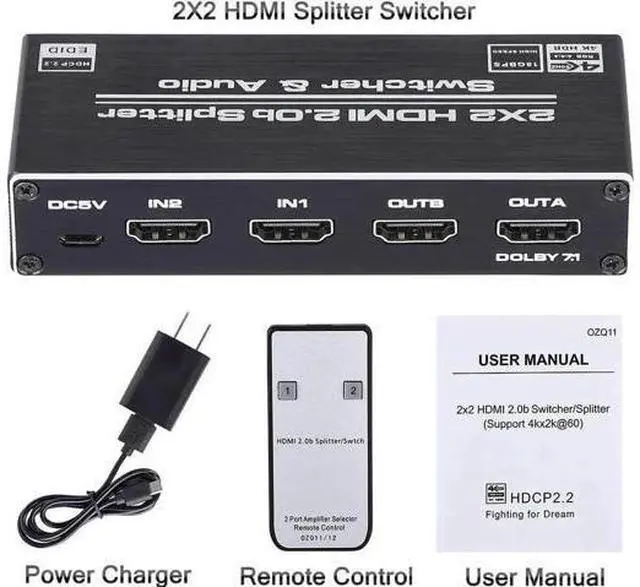 Alt view image 3 of 7 - 2 in 2 Out HDMI 2.0b Switch Splitter with Audio Extractor, 4K@60Hz HDR HDMI Converter with HDMI / 3.5mm AUX / Toslink SPDIF Audio Output, HDCP 2.2 & RGB 4:2:2 Supported for 4K TV Home Theater