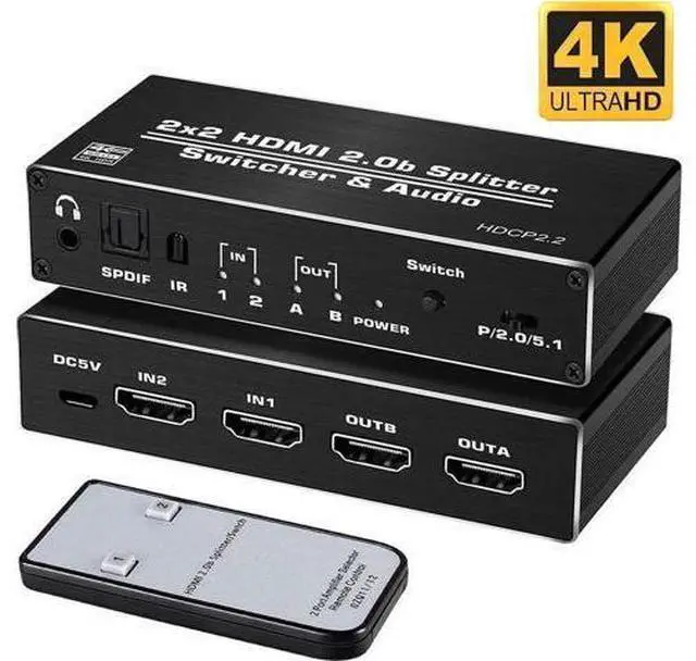 Main image of 2 in 2 Out HDMI 2.0b Switch Splitter with Audio Extractor, 4K@60Hz HDR HDMI Converter with HDMI / 3.5mm AUX / Toslink SPDIF Audio Output, HDCP 2.2 & RGB 4:2:2 Supported for 4K TV Home Theater