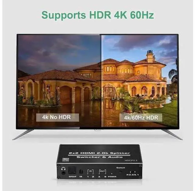 Alt view image 4 of 7 - 2 in 2 Out HDMI 2.0b Switch Splitter with Audio Extractor, 4K@60Hz HDR HDMI Converter with HDMI / 3.5mm AUX / Toslink SPDIF Audio Output, HDCP 2.2 & RGB 4:2:2 Supported for 4K TV Home Theater
