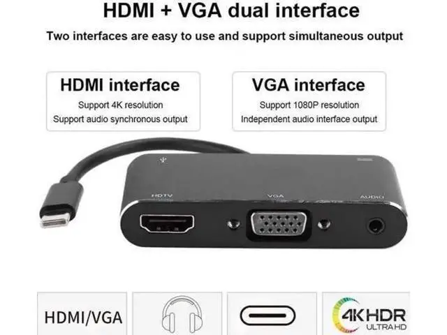 Alt view image 3 of 7 - USB-C Multiport Docking Station, 4K HDMI & VGA Output Hub with USB3.0, USB-C, 3.5mm Audio Jack, Compatible with Type-C Laptops & Smartphones