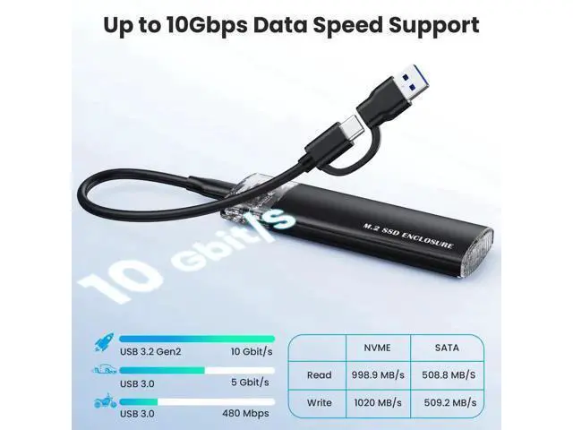 Alt view image 6 of 7 - USB 3.1 Gen 2 10Gbps M.2 SSD Enclosure, Type-C External SSD Adapter Supports NVMe PCIe M-Key/B+M & SATA B+M M.2 Drives, Fits 2230/2242/2260/2280 SSD