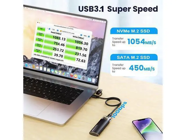 Alt view image 5 of 7 - USB 3.1 Gen 2 10Gbps M.2 SSD Enclosure, Type-C External SSD Adapter Supports NVMe PCIe M-Key/B+M & SATA B+M M.2 Drives, Fits 2230/2242/2260/2280 SSD