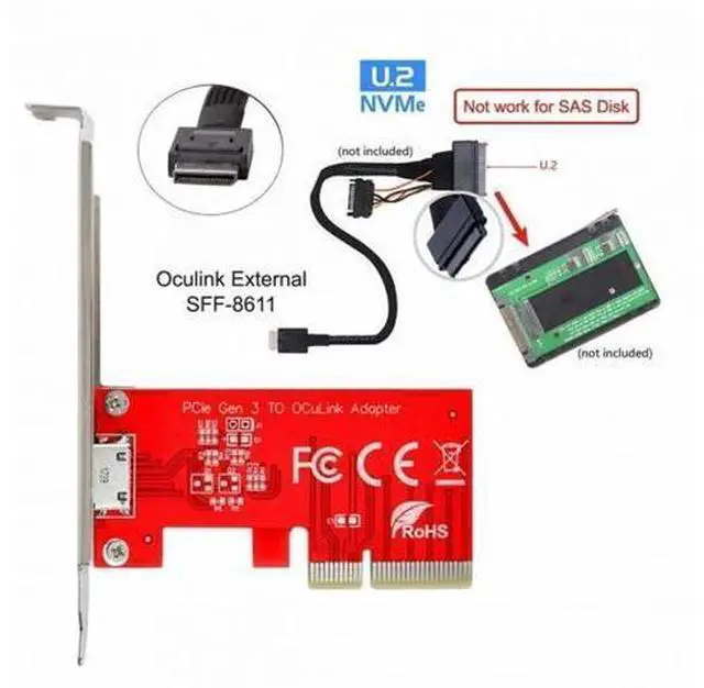 Alt view image 2 of 7 - PCIe 3.0/4.0 x4 to OCuLink SFF-8612 SFF-8611 Host Adapter with Full Height Bracket, External PCIe SSD Expansion Card