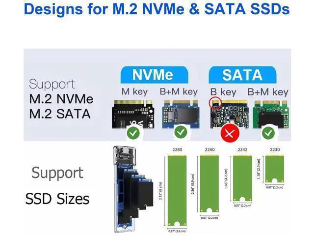 Alt view image 2 of 7 - USB 3.1 Gen 2 10Gbps M.2 SSD Enclosure, Type-C External SSD Adapter Supports NVMe PCIe M-Key/B+M & SATA B+M M.2 Drives, Fits 2230/2242/2260/2280 SSD