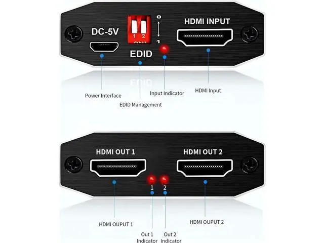 Alt view image 3 of 7 - 1 in 2 Out HDMI Splitter 1x2 with 4 Adjustable EDID Modes, HDMI 2.0b 4K@60Hz Dual Monitor Splitter, Supports HDCP2.2, RGB 4:4:4, 3D & Full HD 1080P for Gaming & Office Display