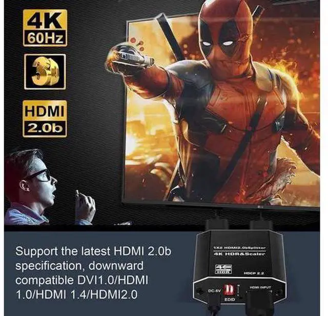 Alt view image 6 of 7 - 1 in 2 Out HDMI Splitter 1x2 with 4 Adjustable EDID Modes, HDMI 2.0b 4K@60Hz Dual Monitor Splitter, Supports HDCP2.2, RGB 4:4:4, 3D & Full HD 1080P for Gaming & Office Display