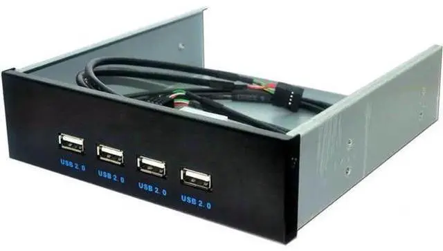 Main image of 5.25 Inch Front Panel 4-Port USB 2.0 Hub for Desktop PC, 9/10 Pin Motherboard Header to 4 USB-A Adapter with 2FT Cable, Molex 4-Pin Power Supply