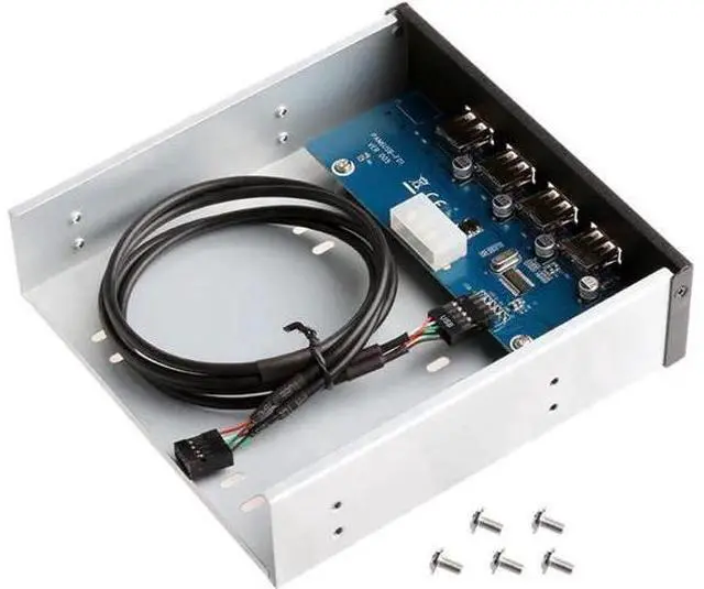 Alt view image 2 of 4 - 5.25 Inch Front Panel 4-Port USB 2.0 Hub for Desktop PC, 9/10 Pin Motherboard Header to 4 USB-A Adapter with 2FT Cable, Molex 4-Pin Power Supply