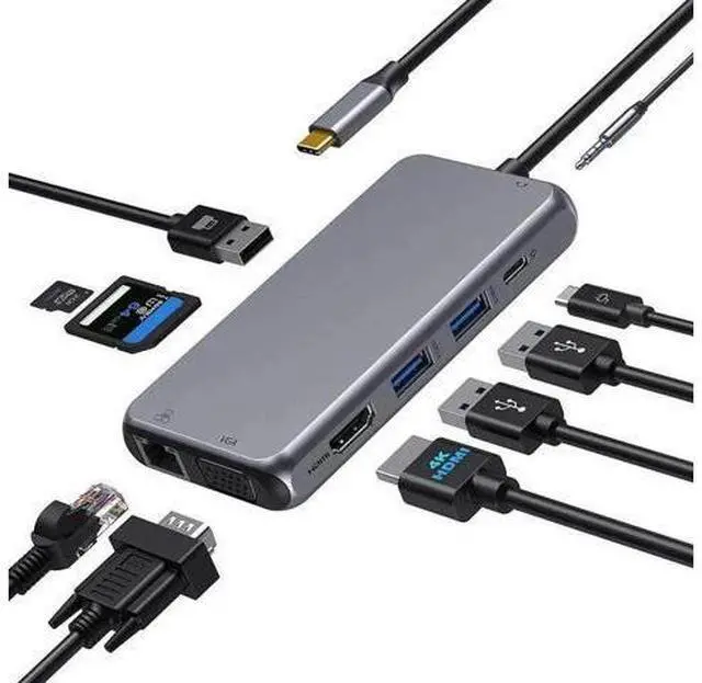 Main image of 10 in 1 USB C Multiport Hub Adapter, USB C Dongle with 4K HDMI, VGA, Gigabit Ethernet, 100W PD Charging, 3×USB3.0, SD/TF Card Reader, 3.5mm Audio Mic Jack, Compatible with MacBook Pro/Air & All USB-C
