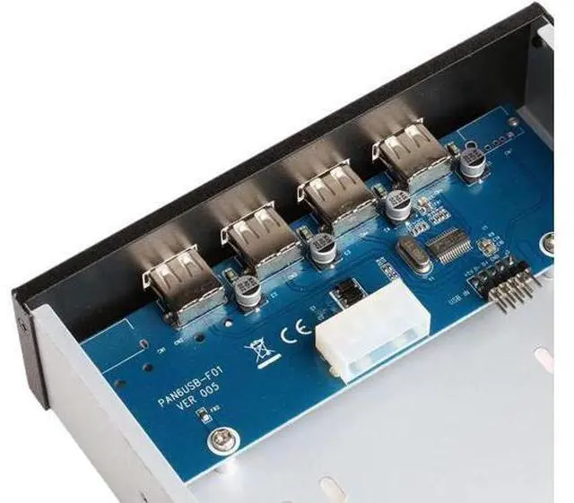 Alt view image 3 of 4 - 5.25 Inch Front Panel 4-Port USB 2.0 Hub for Desktop PC, 9/10 Pin Motherboard Header to 4 USB-A Adapter with 2FT Cable, Molex 4-Pin Power Supply