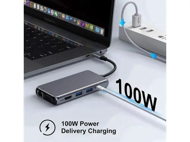 Alt view image 2 of 7 - 10 in 1 USB C Multiport Hub Adapter, USB C Dongle with 4K HDMI, VGA, Gigabit Ethernet, 100W PD Charging, 3×USB3.0, SD/TF Card Reader, 3.5mm Audio Mic Jack, Compatible with MacBook Pro/Air & All USB-C