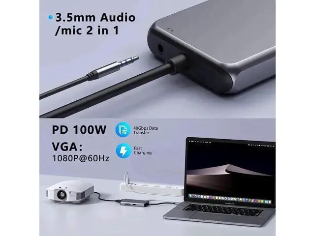Alt view image 4 of 7 - 10 in 1 USB C Multiport Hub Adapter, USB C Dongle with 4K HDMI, VGA, Gigabit Ethernet, 100W PD Charging, 3×USB3.0, SD/TF Card Reader, 3.5mm Audio Mic Jack, Compatible with MacBook Pro/Air & All USB-C